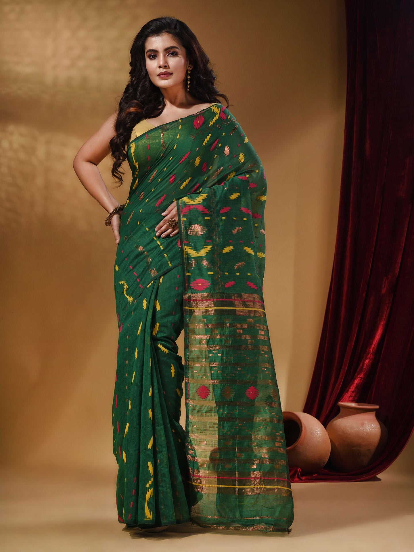 Green Cotton Handwoven Jamdani Saree With Multicolor Designs And Motifs