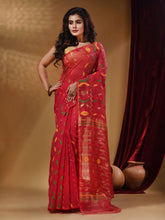Load image into Gallery viewer, Deep Pink Cotton Handwoven Jamdani Saree With Multicolor Designs And Motifs
