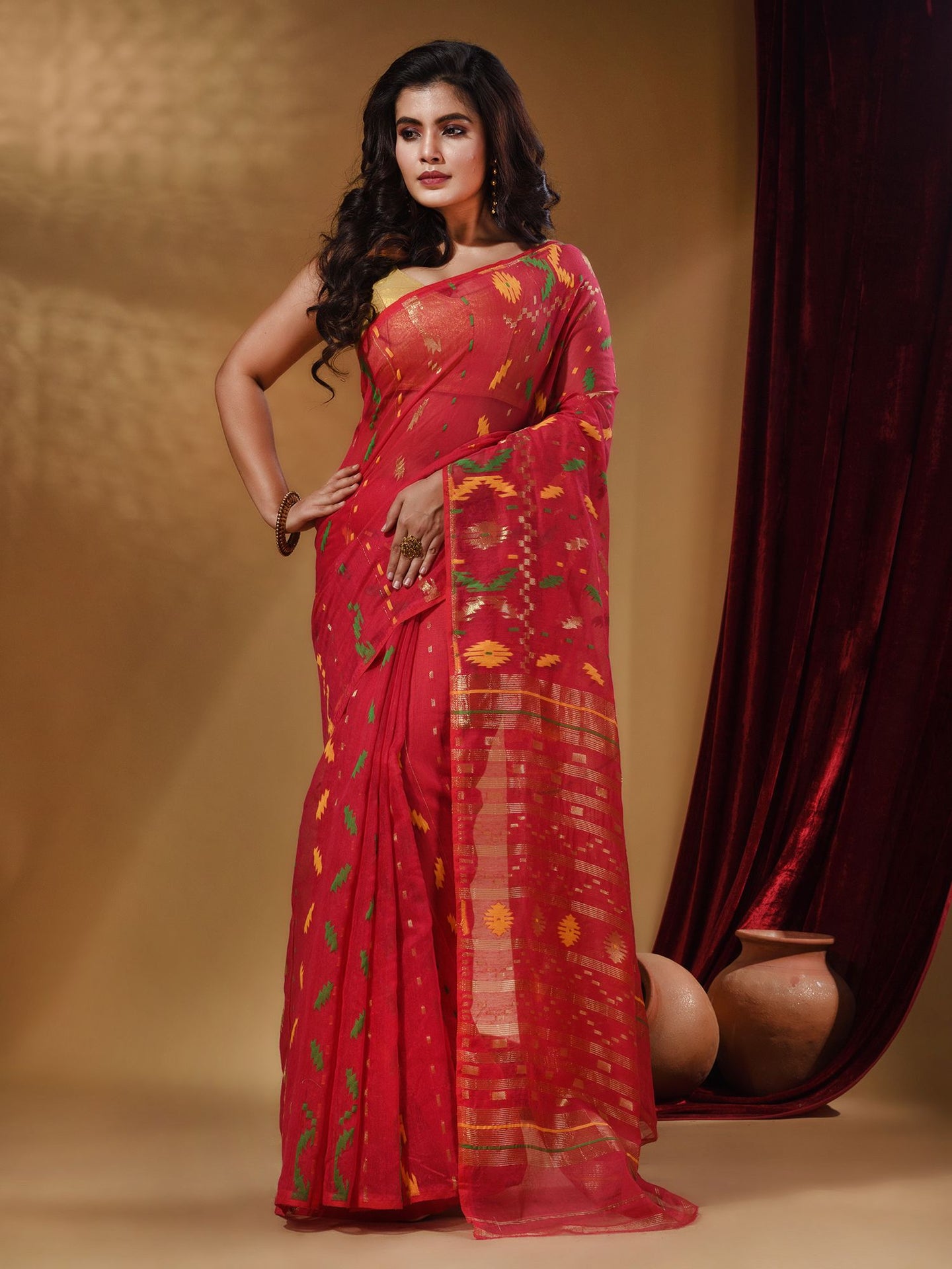 Deep Pink Cotton Handwoven Jamdani Saree With Multicolor Designs And Motifs