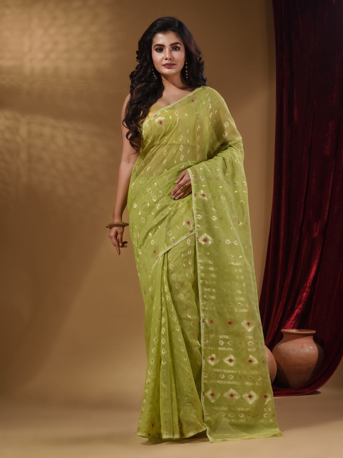 Lime Green Handwoven Cotton Jamdani Saree With Woven Designs