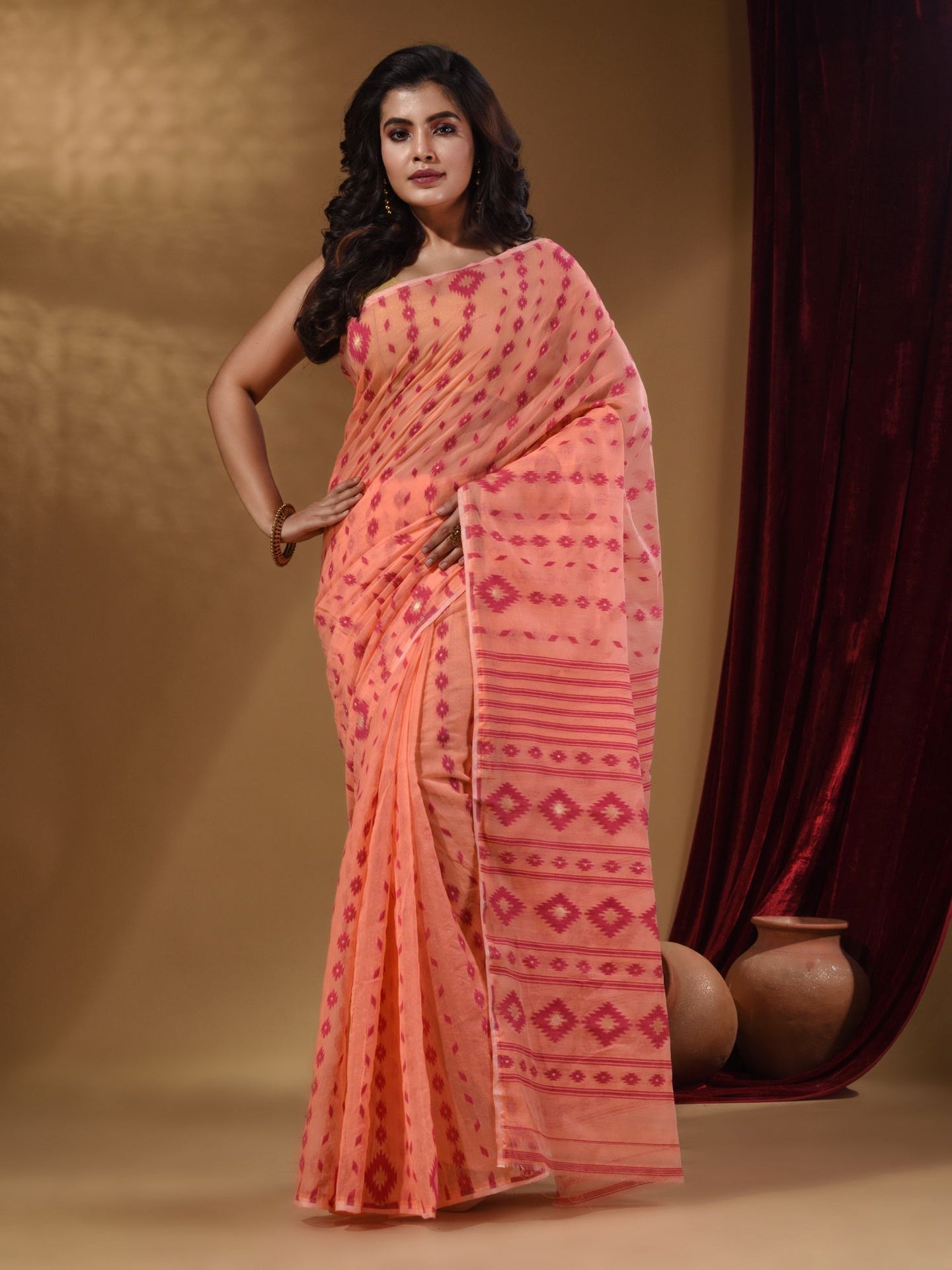 Peachy Pink Handwoven Cotton Jamdani Saree With Woven Designs