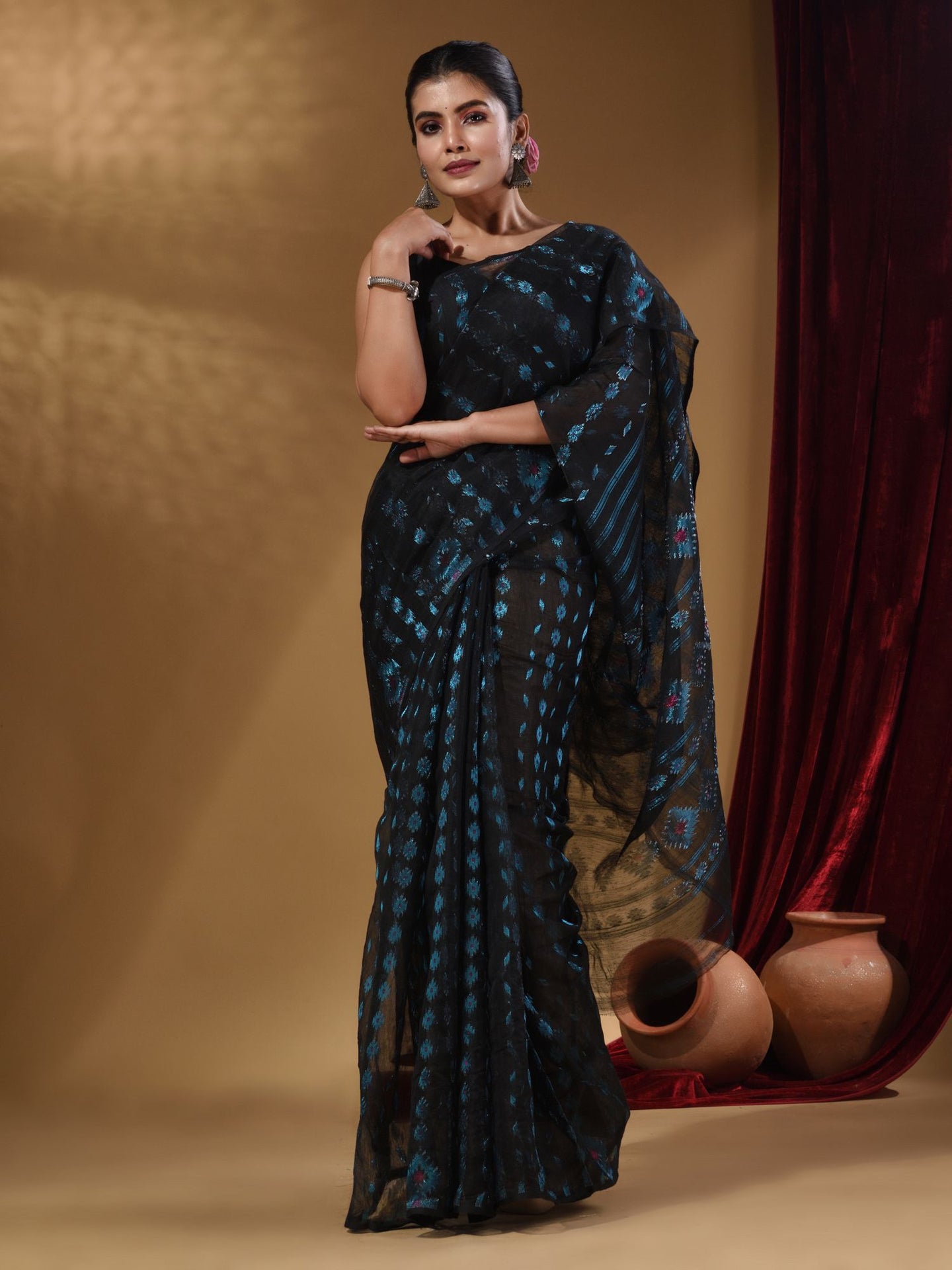 Black Handwoven Cotton Jamdani Saree With Woven Designs