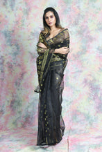 Load image into Gallery viewer, Black Jamdani Saree With Allover Flower Motif
