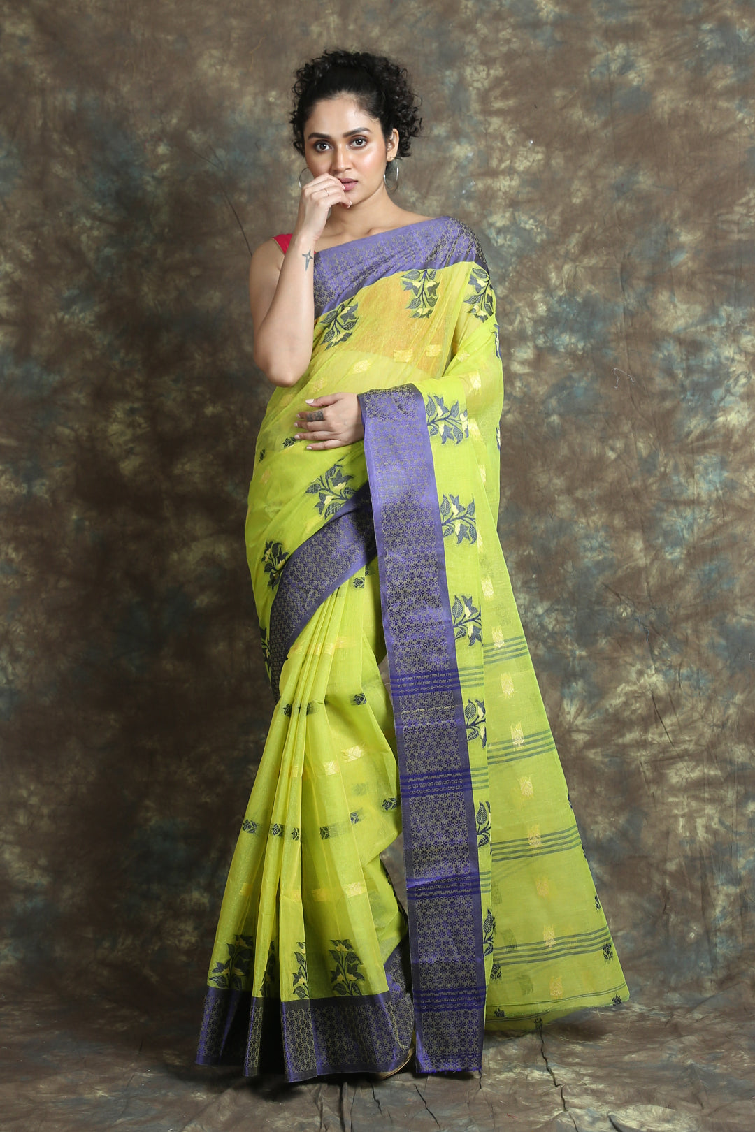 Olive Green Handwoven Cotton Tant Saree