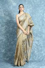 Load image into Gallery viewer, Hazel Wood Yellow Blended Cotton Saree With Silver Zari Stripes
