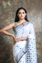 Load image into Gallery viewer, white Silk Cotton Handwoven Soft Saree With Allover thread weaving

