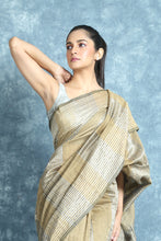Load image into Gallery viewer, Hazel Wood Yellow Blended Cotton Saree With Silver Zari Stripes
