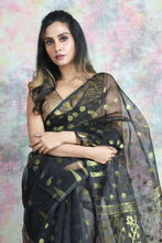 Load image into Gallery viewer, Black Jamdani Saree With Allover Flower Motif

