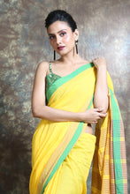 Load image into Gallery viewer, Yellow Blended Cotton Handwoven Soft Saree With Stripes Pallu
