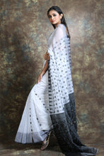 Load image into Gallery viewer, white Silk Cotton Handwoven Soft Saree With Allover thread weaving
