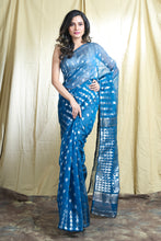 Load image into Gallery viewer, Light Blue Silk Cotton Handwoven Soft Saree With Allover Copper Zari Weaving
