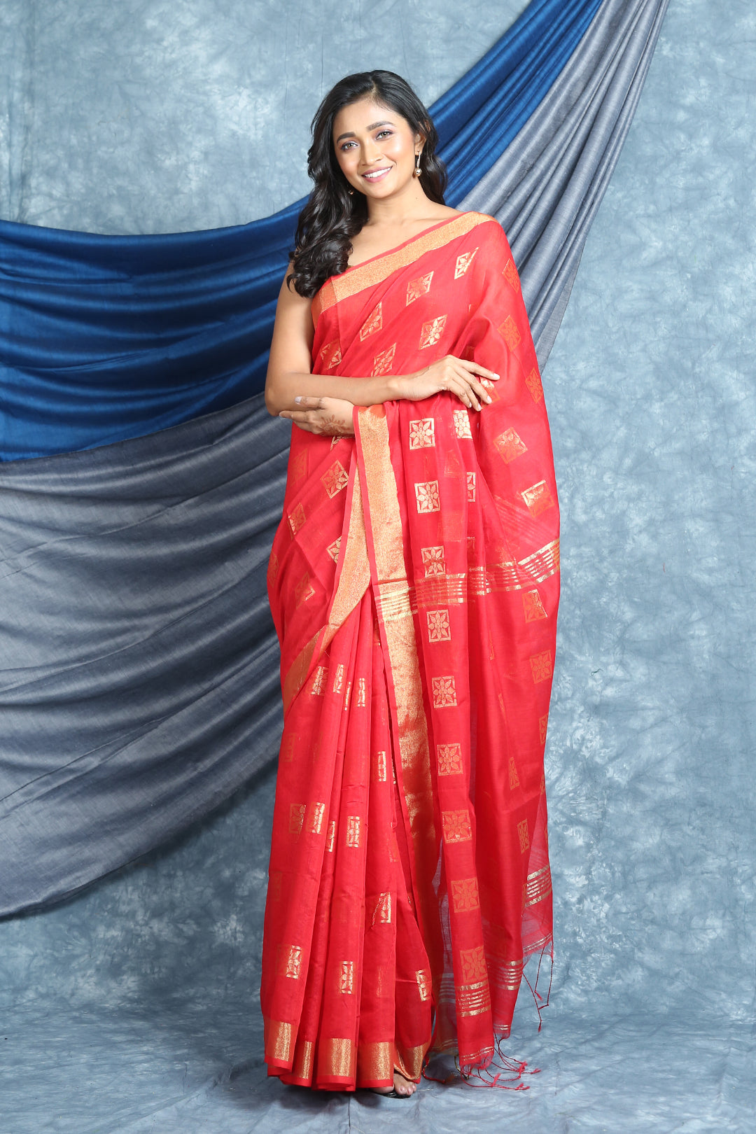 Red Handloom Saree with Allover Box