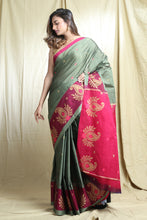 Load image into Gallery viewer, Teal Blended Cotton Handwoven Soft Saree With Allover Butta Weaving
