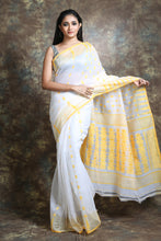 Load image into Gallery viewer, White Silk Cotton Handwoven Soft Saree With Allover Thared Weving
