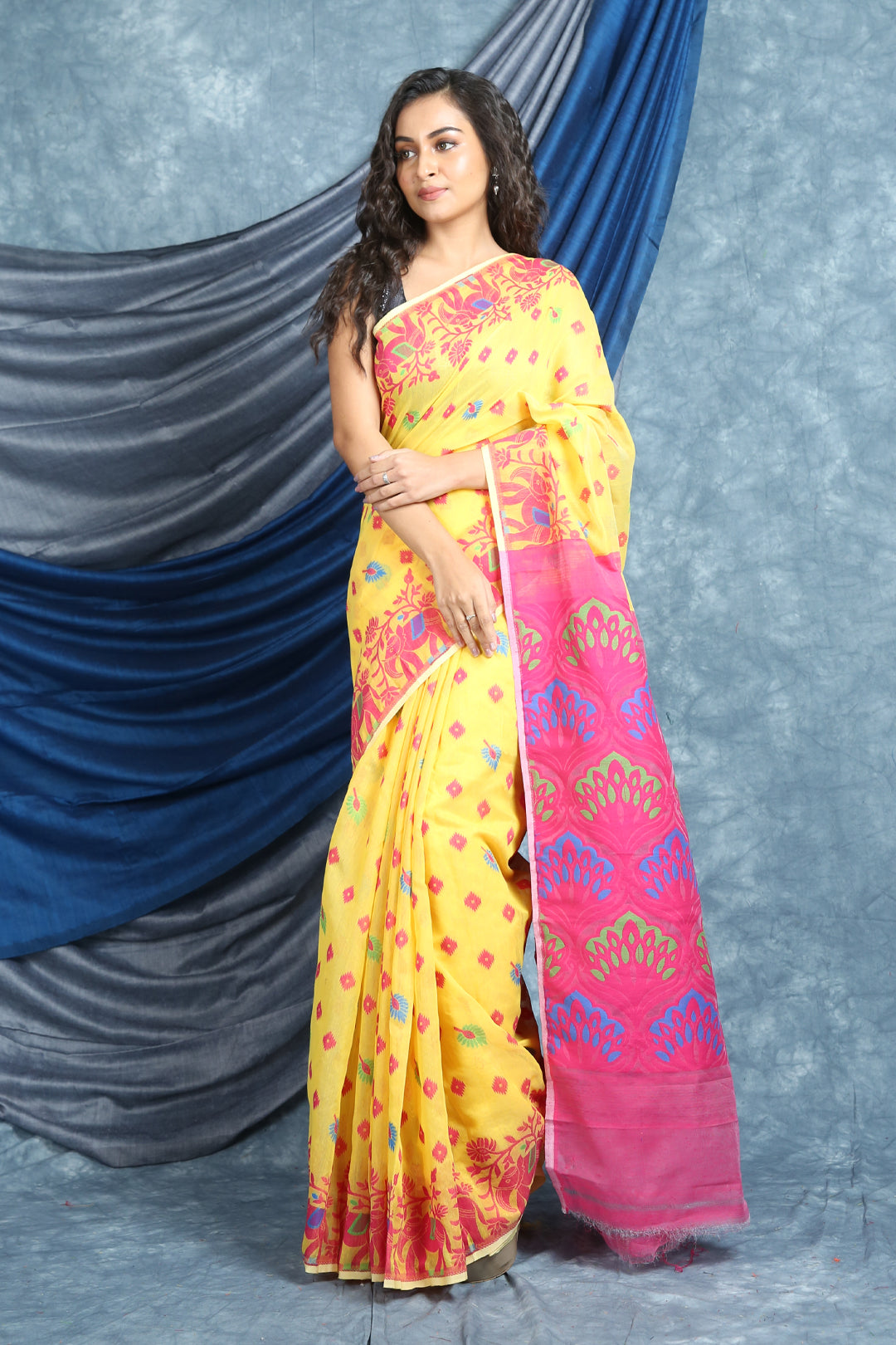 Yellow Jamdani Saree with Allover Weaving