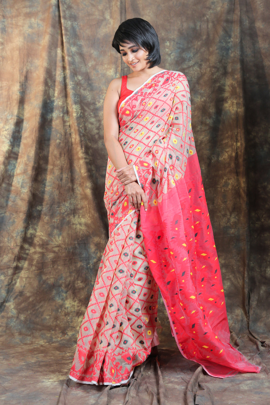 Off White & Peach Colour Allover Weaving Jamdani Saree