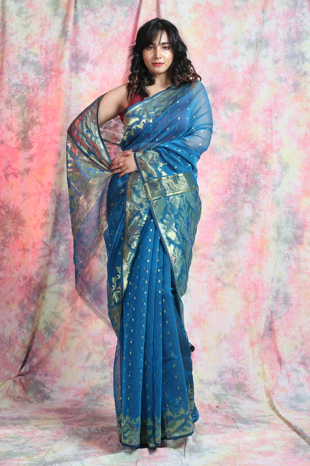 Cerulean Blue Zari Weaving Jamdani Saree