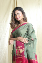 Load image into Gallery viewer, Teal Blended Cotton Handwoven Soft Saree With Allover Butta Weaving
