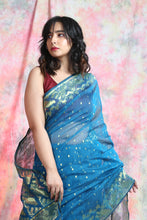 Load image into Gallery viewer, Cerulean Blue Zari Weaving Jamdani Saree

