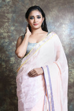 Load image into Gallery viewer, Light pink Linen Handwoven Soft Saree With Dual Border
