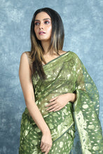 Load image into Gallery viewer, Pickle Green Jamdani Saree With Allover Golden Zari Weaving
