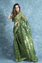 Load image into Gallery viewer, Pickle Green Jamdani Saree With Allover Golden Zari Weaving
