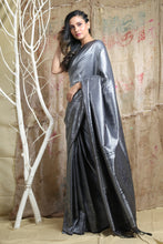 Load image into Gallery viewer, Grey Blended Silk Handwoven Soft Saree With Allover Box Weaving
