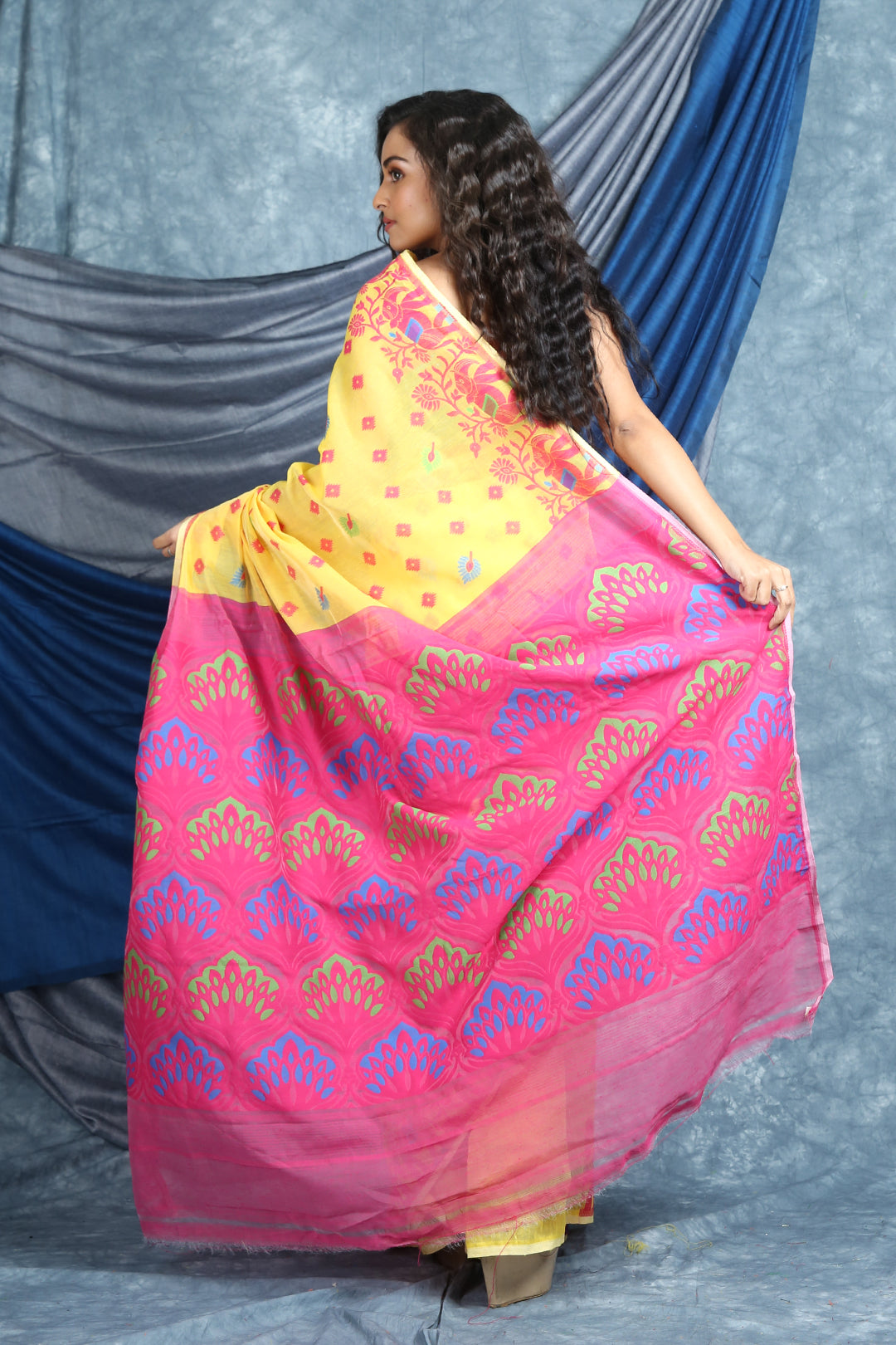 Buy Yellow Self Jamdani Saree (Resham Cotton)