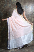 Load image into Gallery viewer, Light pink Linen Handwoven Soft Saree With Dual Border
