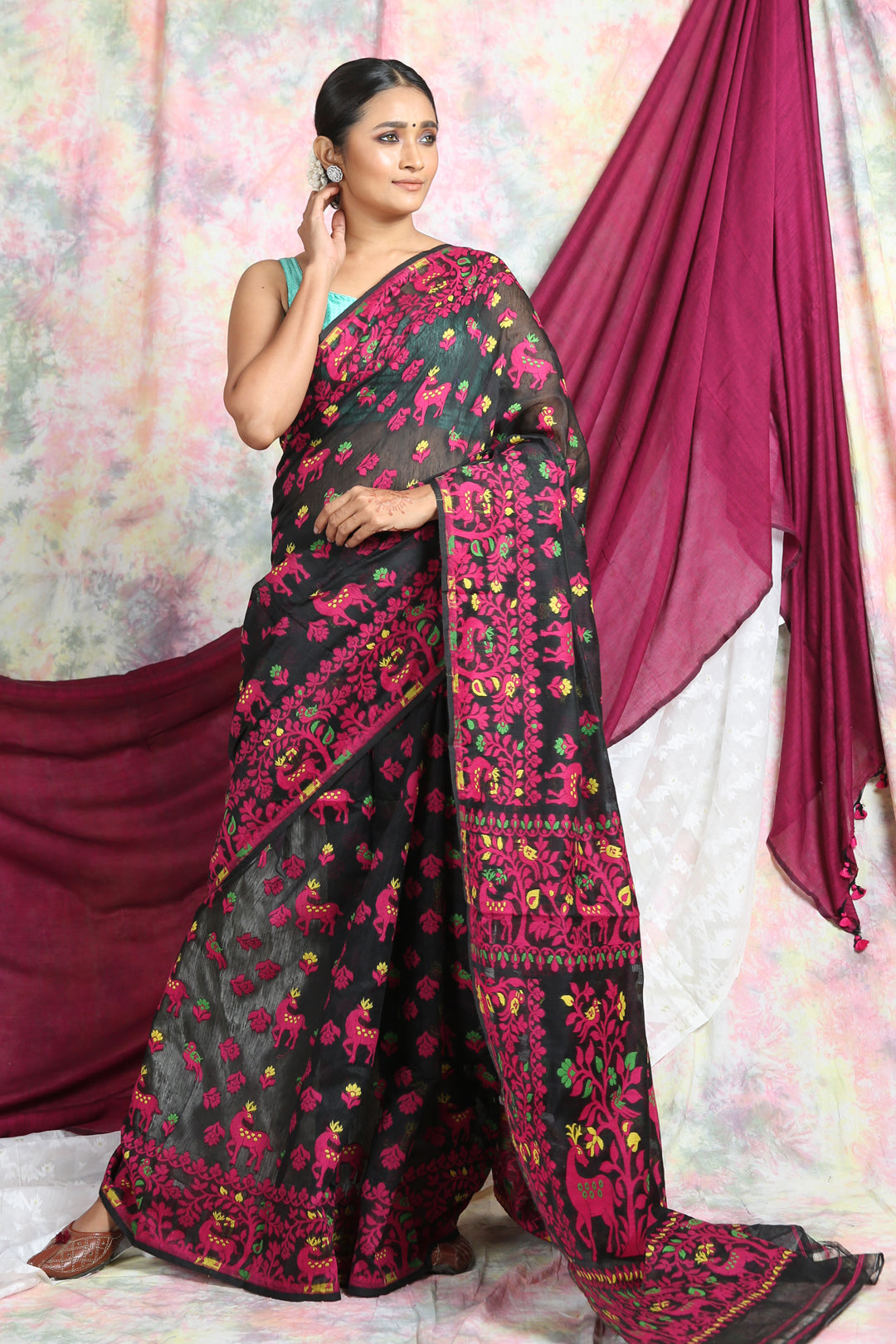 Black And Blue Silk Cotton Handwoven Jamdani Saree – Charukriti
