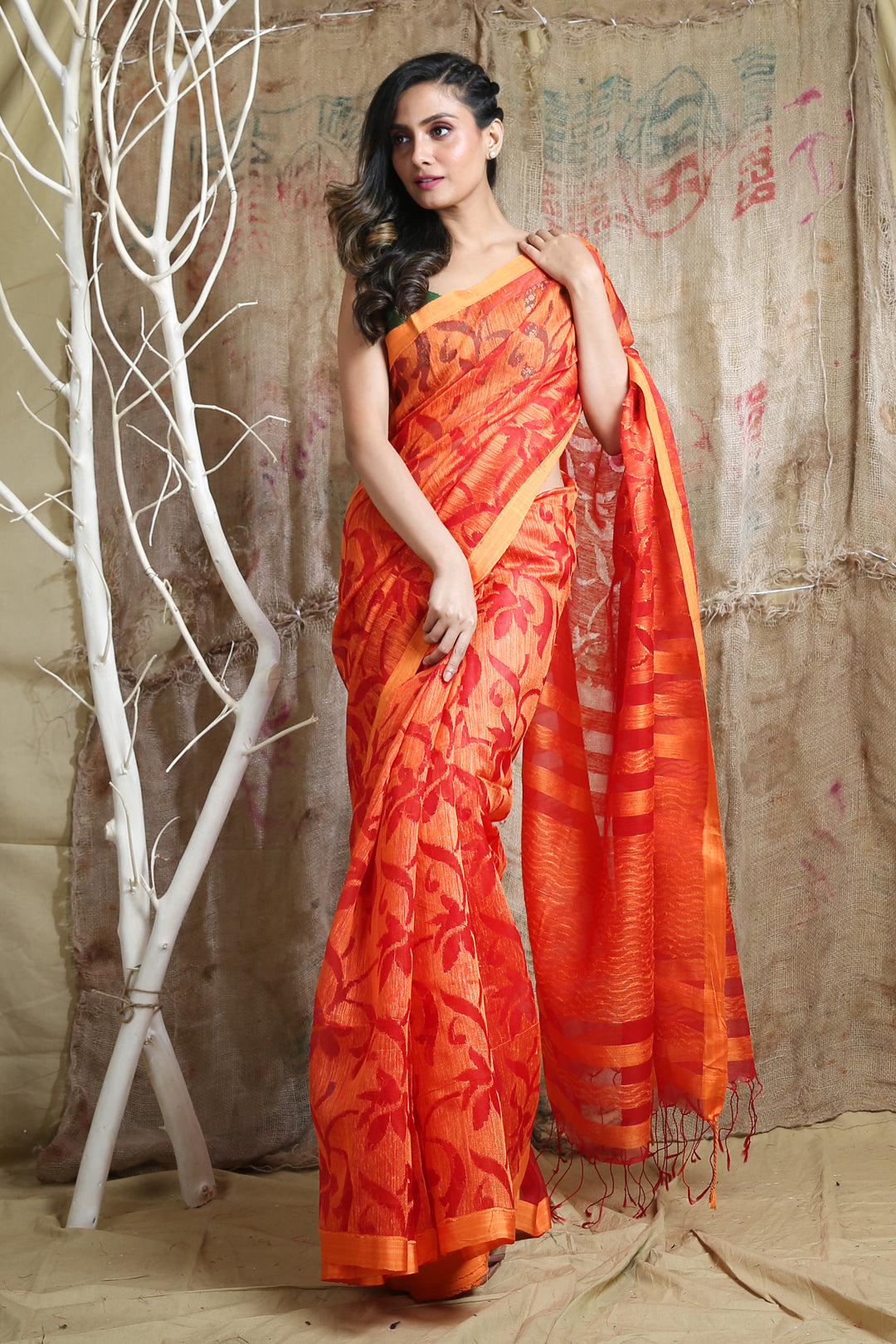Orange Matka Handwoven Soft Saree With Allover Weaving
