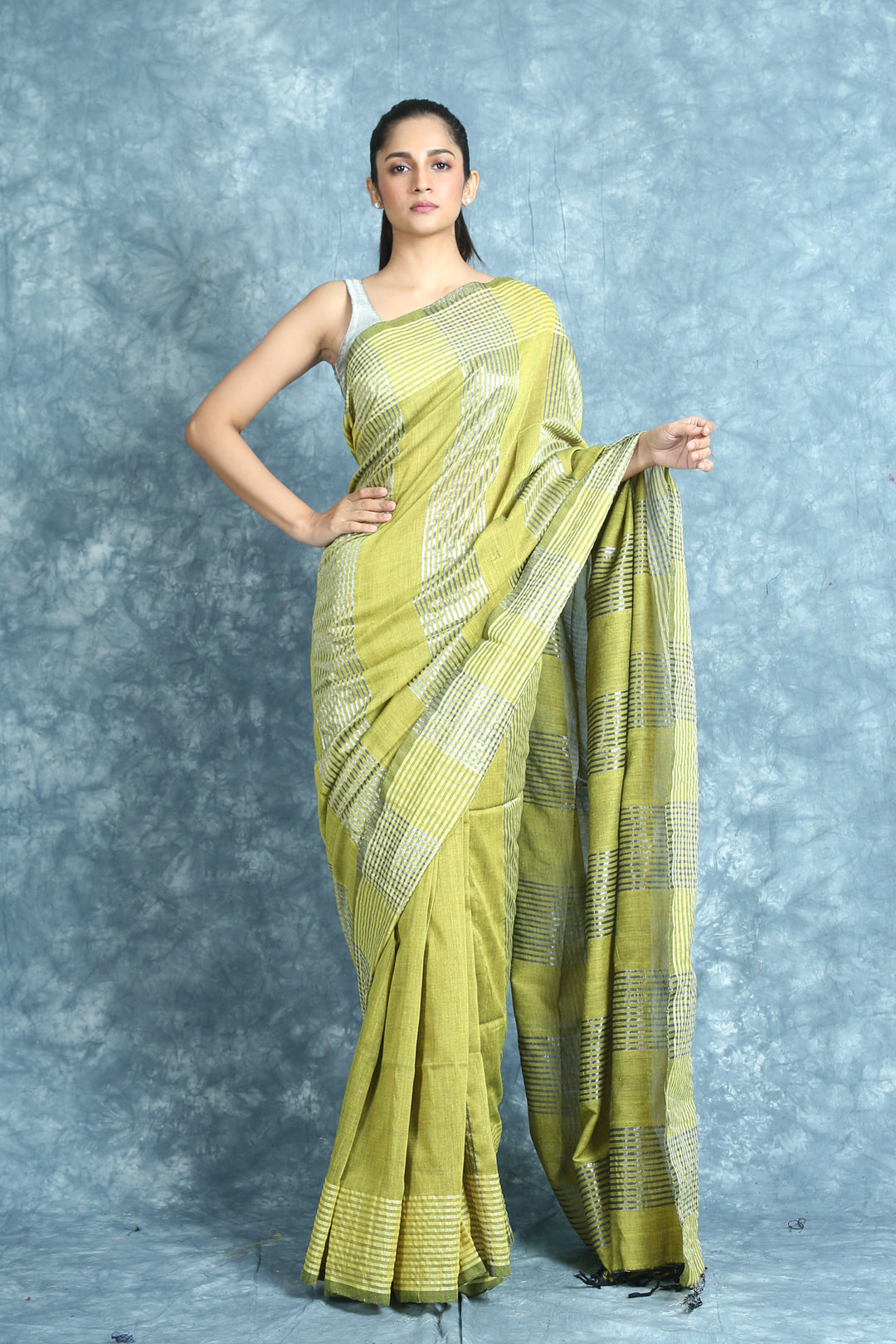 Lime Blended Cotton Saree With Silver Zari Stripes