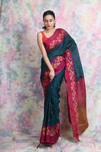 Load image into Gallery viewer, Bottole Green Blended Cotton Handwoven soft Saree With Thread Work
