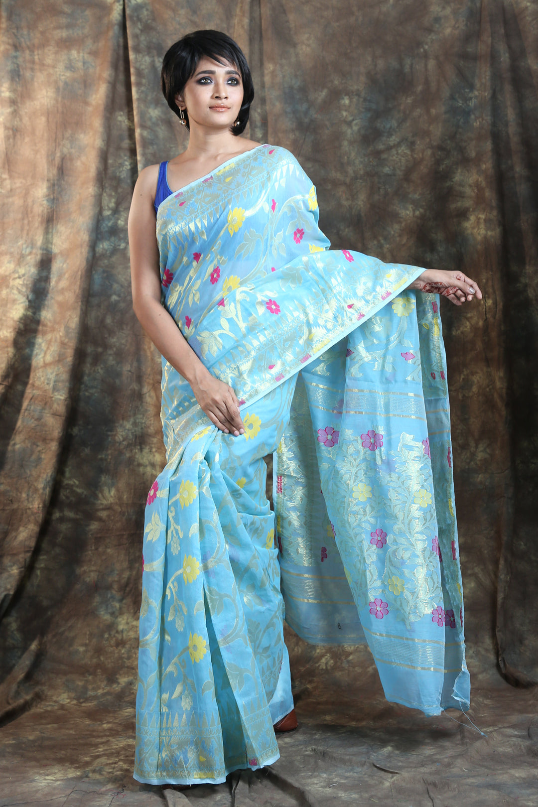 Sky Blue Allover Zari Weaving Jamdani Saree