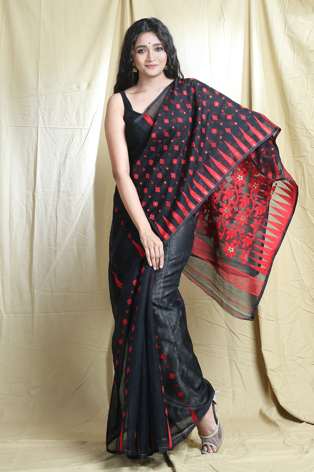 Black Silk Cotton Handwoven Soft Saree With Allover Thread Weaving
