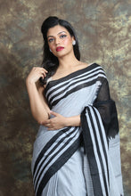 Load image into Gallery viewer, Silver Blended Cotton Handwoven Soft Saree With Stripe Border &amp; Pallu
