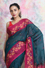 Load image into Gallery viewer, Bottole Green Blended Cotton Handwoven soft Saree With Thread Work
