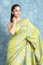 Load image into Gallery viewer, Lime Blended Cotton Saree With Silver Zari Stripes
