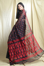 Load image into Gallery viewer, Black Silk Cotton Handwoven Soft Saree With Allover Thread Weaving

