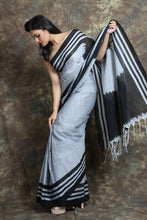 Load image into Gallery viewer, Silver Blended Cotton Handwoven Soft Saree With Stripe Border &amp; Pallu
