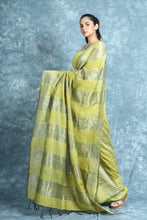 Load image into Gallery viewer, Lime Blended Cotton Saree With Silver Zari Stripes
