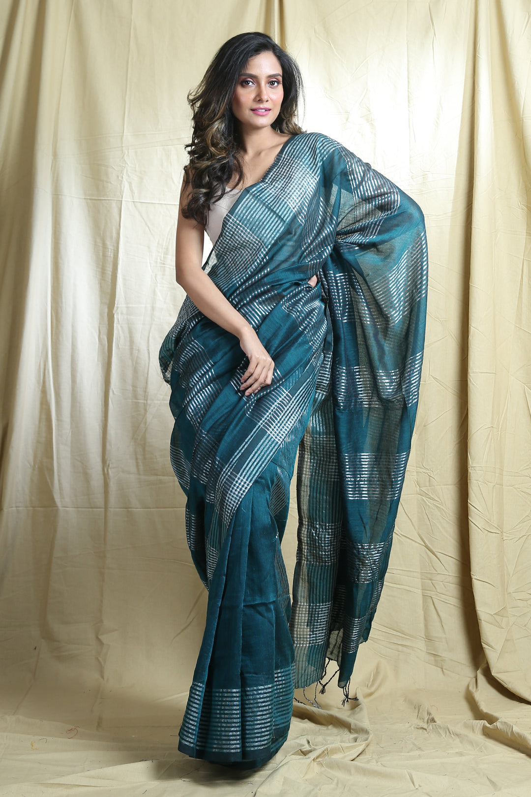 Ocean Blue Blended Cotton Handwoven Soft Saree With Allover Stripes