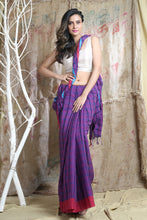 Load image into Gallery viewer, Indigo Blue Blended Cotton Handwoven Soft Saree With Allover Stripes Design
