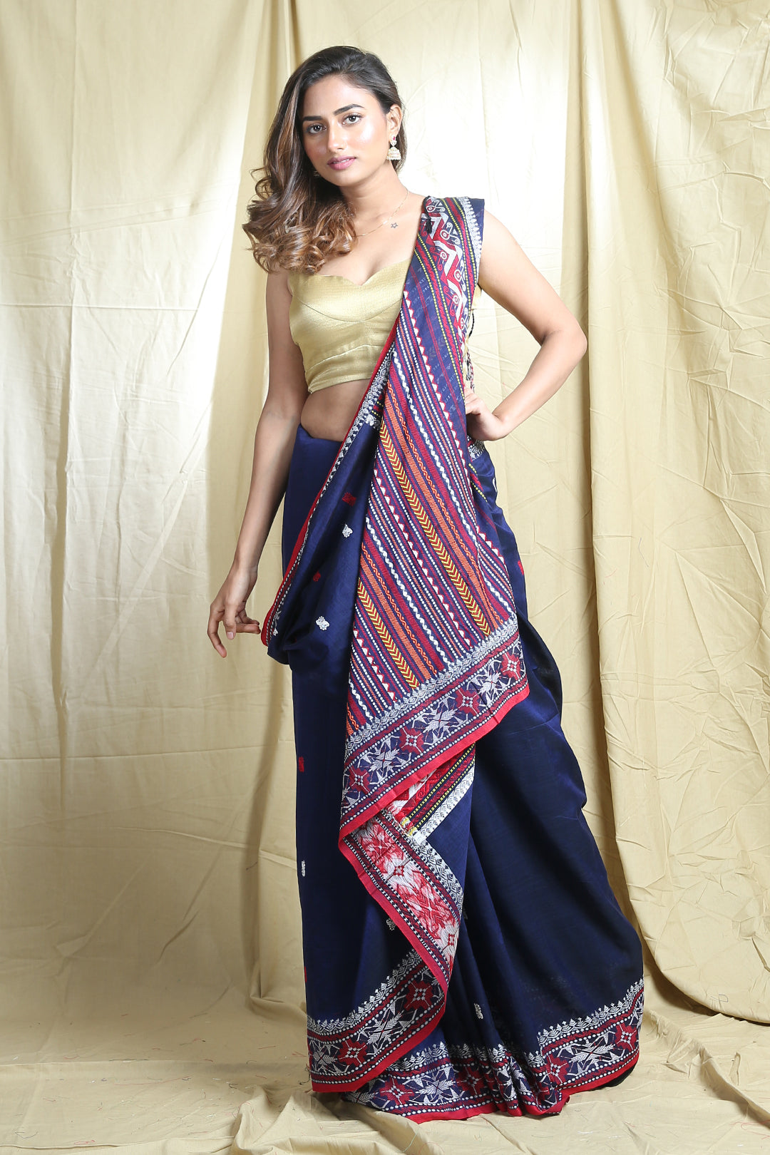 Navy Blue Cotton Handwoven Soft Saree With Design Pallu & Border