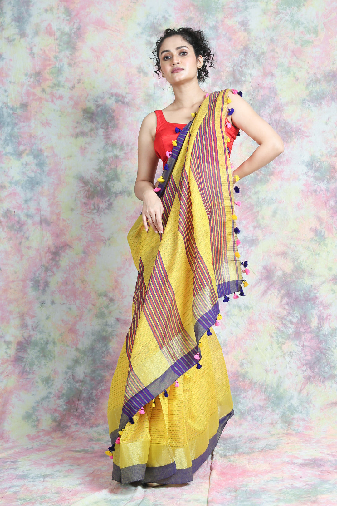 Kantha Style Allover Weaving Yellow Handloom Saree
