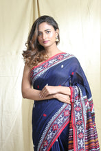 Load image into Gallery viewer, Navy Blue Cotton Handwoven Soft Saree With Design Pallu &amp; Border

