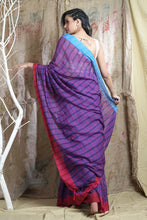 Load image into Gallery viewer, Indigo Blue Blended Cotton Handwoven Soft Saree With Allover Stripes Design
