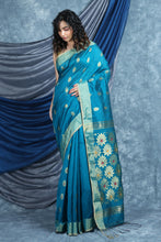 Load image into Gallery viewer, Teal Handloom Saree with Floral Pallu
