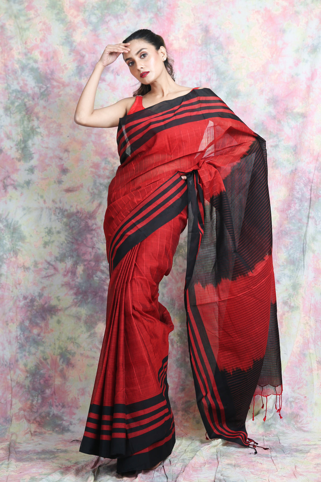 Red Blended Cotton Handwoven Soft Saree With Stripe Border & Pallu