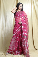 Load image into Gallery viewer, Magenta Silk Cotton Handwoven Soft Saree With Allover Copper Zari Weaving
